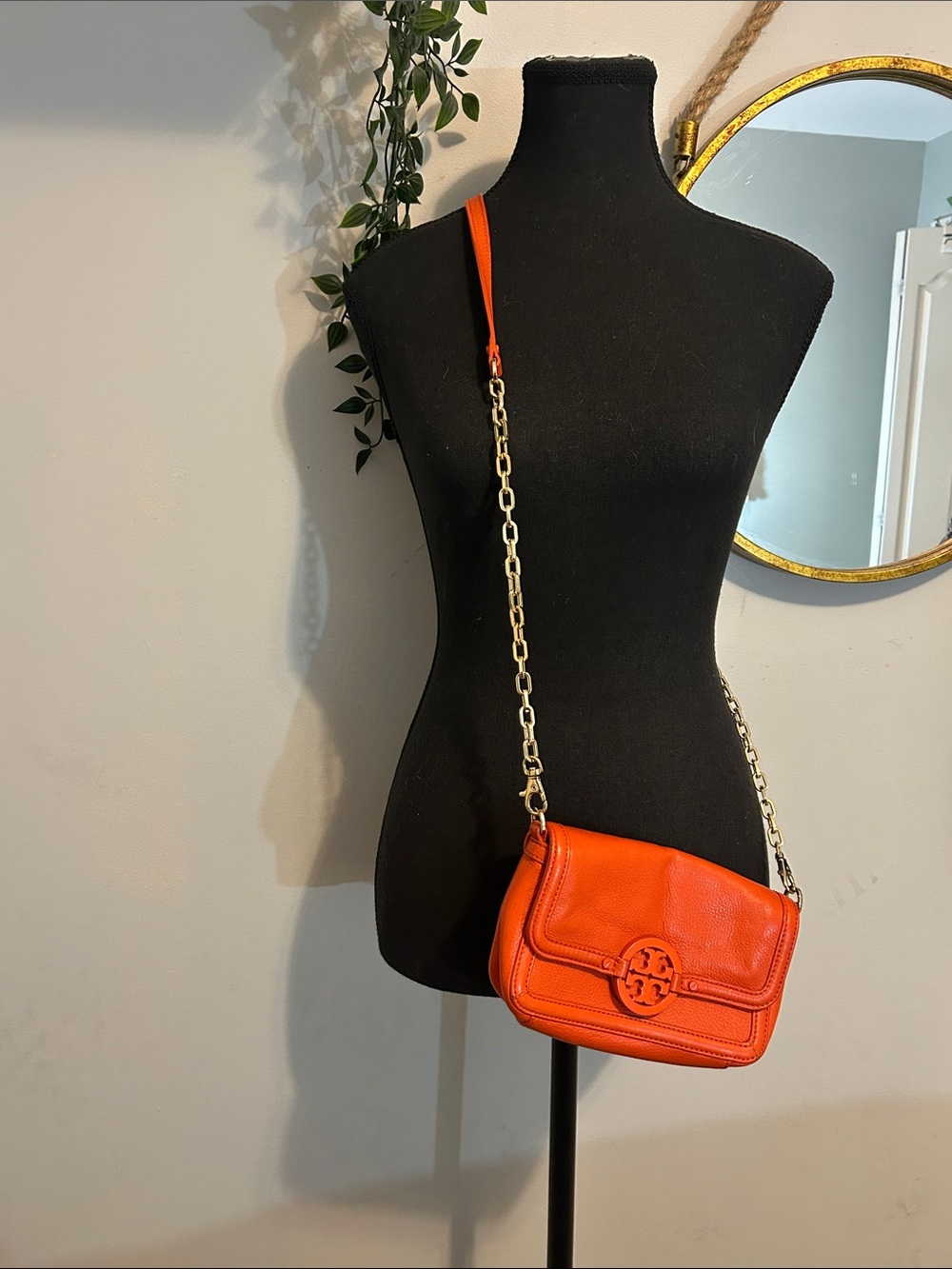 Orange Leather Crossbody Shoulder Bag with Gold Chain